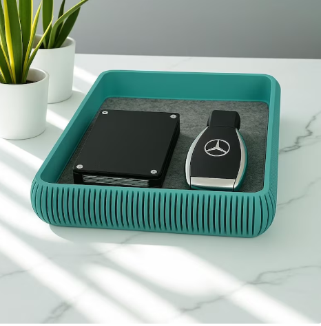 Teal 3D printed valet tray with modern ribbed edges used as a minimalist desk organizer.